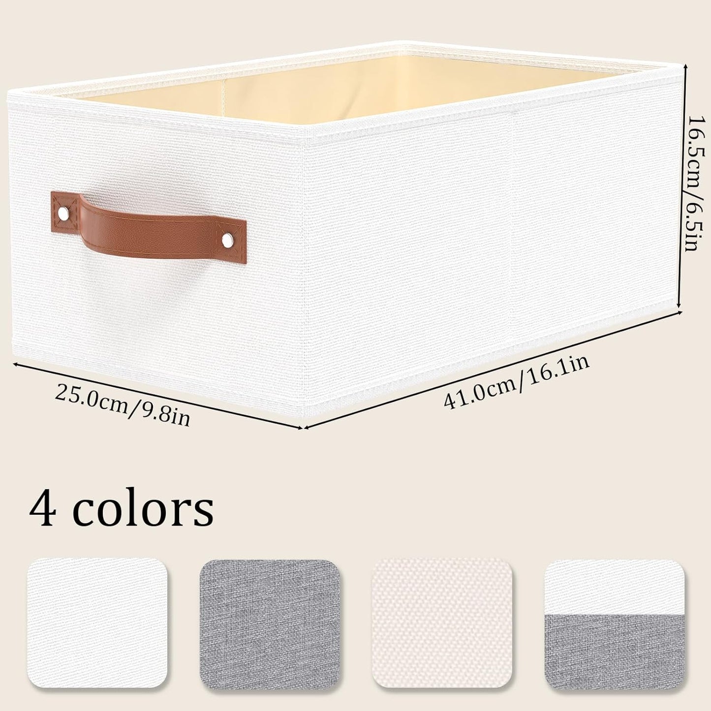 OUTBROS Fabric Storage Boxes, Foldable Bins With Handles, Wardrobe Baskets for Organizing, For bedrooms, living rooms, Shelves, White, 16.1 x 6.5 x 9.8 inch, 6-Pack