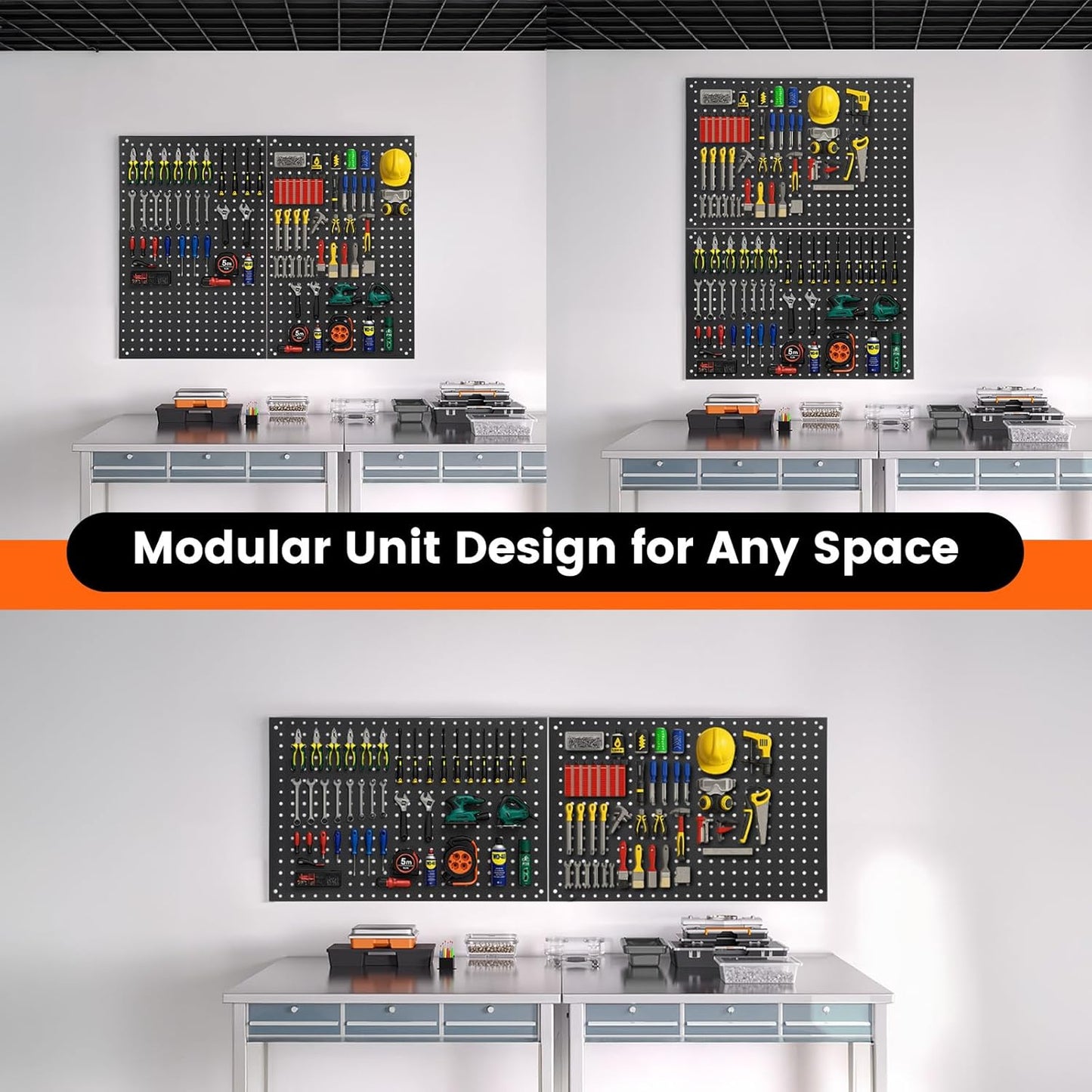 Pegboard, 2 PCS 24"×16" Metal Peg Board Panels Black Modular Wall Organizer Kit with 30 Hooks, Dual-Size Hole Design for Home Tool Storage, Garage Organization, Kitchen, Office, Craft Room