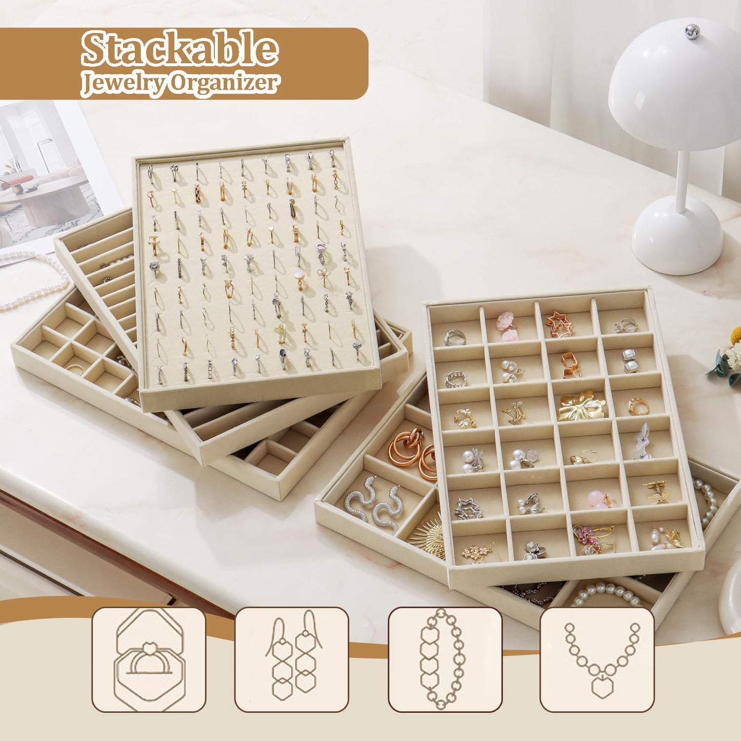Large Velvet Jewelry Tray 2 Pack Stackable Jewelry Display Drawer Inserts Trays Organizer for Earring Bracelet Necklace Ring (Beige, 48 Grids)