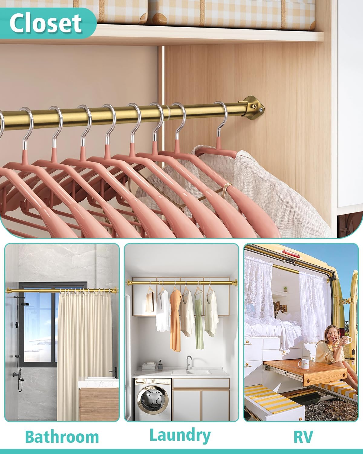 Closet Rod, 17 to 28 Inch Heavy Duty Adjustable Metal Clothing Rack for Hanging Clothes, Closet Poles for Wardrobes, Laundry, Durable Steel, Gold(Upgraded Extra Strong)