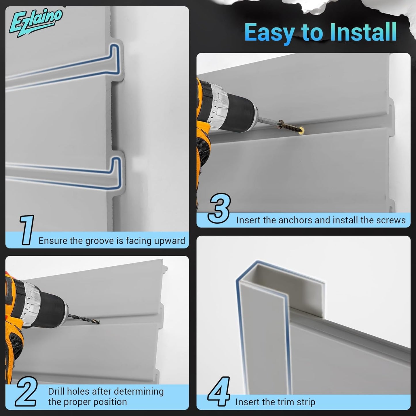 Ezlaino 4x8ft PVC Slat Wall Paneling - Thickened & Durable, Waterproof, Versatile | 75 lbs/sq ft Capacity | Fits Most Slatwall Accessories, Ideal for Garage, Home & Store Storage, Gray