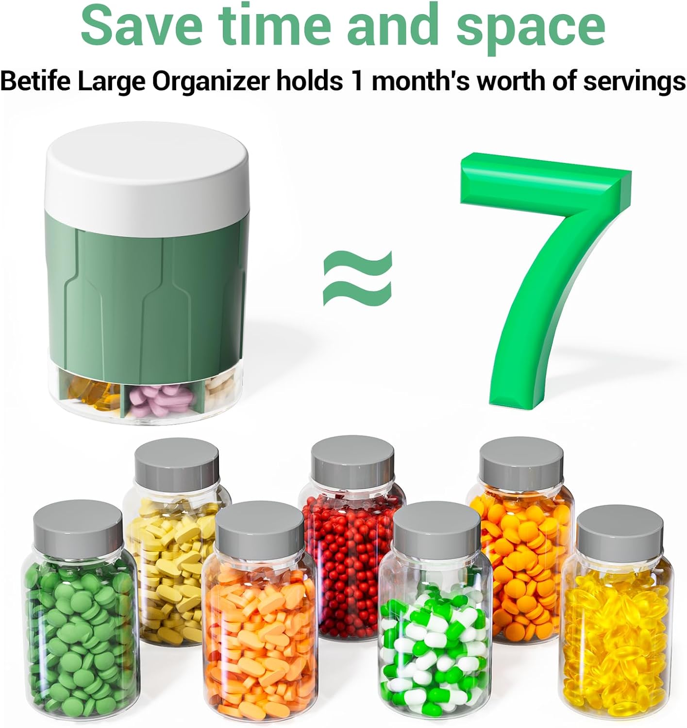 Betife Extra Large Supplement Organizer,Weekly Pill Organizer Bottle, Daily Pill Dispenser with 7 Large Compartments, Organizer to Hold 7 Day Vitamin Medication,21 Labels and a Cleaning Brush(Green)