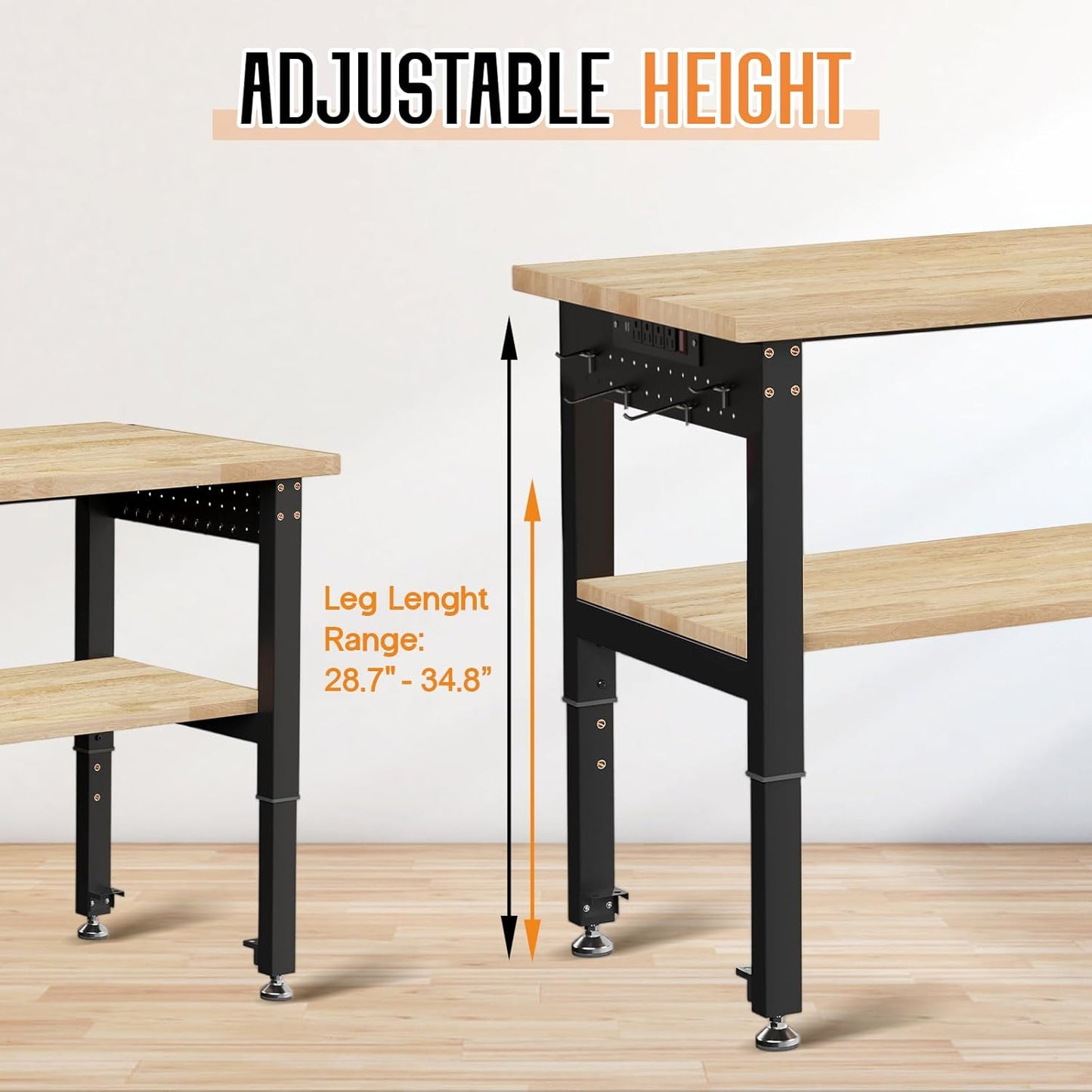SPECRAFT Adjustable 2-Tier Workbench with 4 AC Outlet and 2 USB Ports Power Outlets, 2000 Lbs Capacity Heavy Duty Workbench, Rubber Wood Top for Garage, Workshop, Office(72x24in)