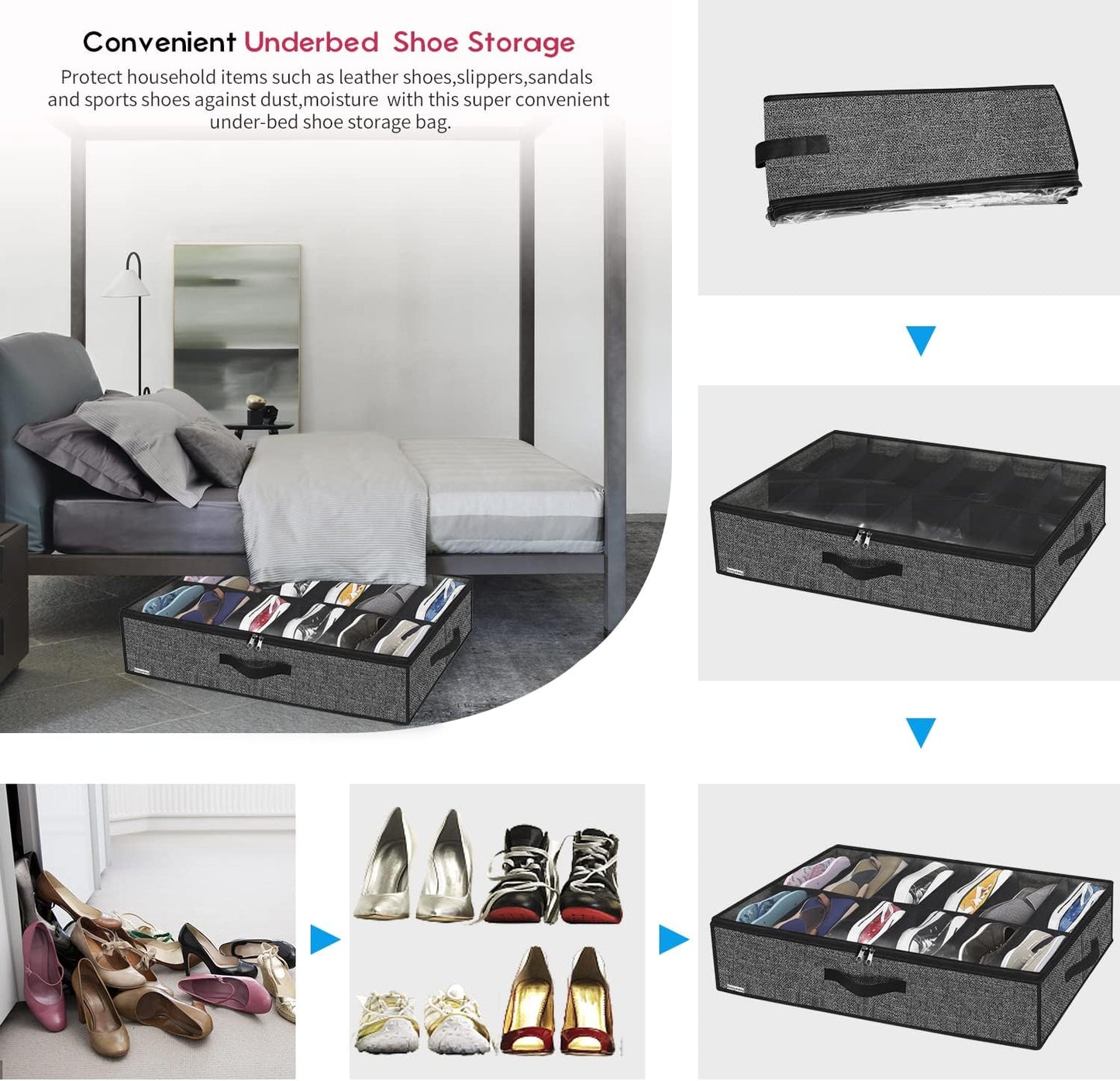 Onlyeasy Under Bed Shoe Storage Organizer with Sturdy Handles and Clear Window 1 Pack Fits 12 Pairs, Premium Foldable Underbed Shoes Container Box for Closet, Linen-like Black, MXAUBSB1P