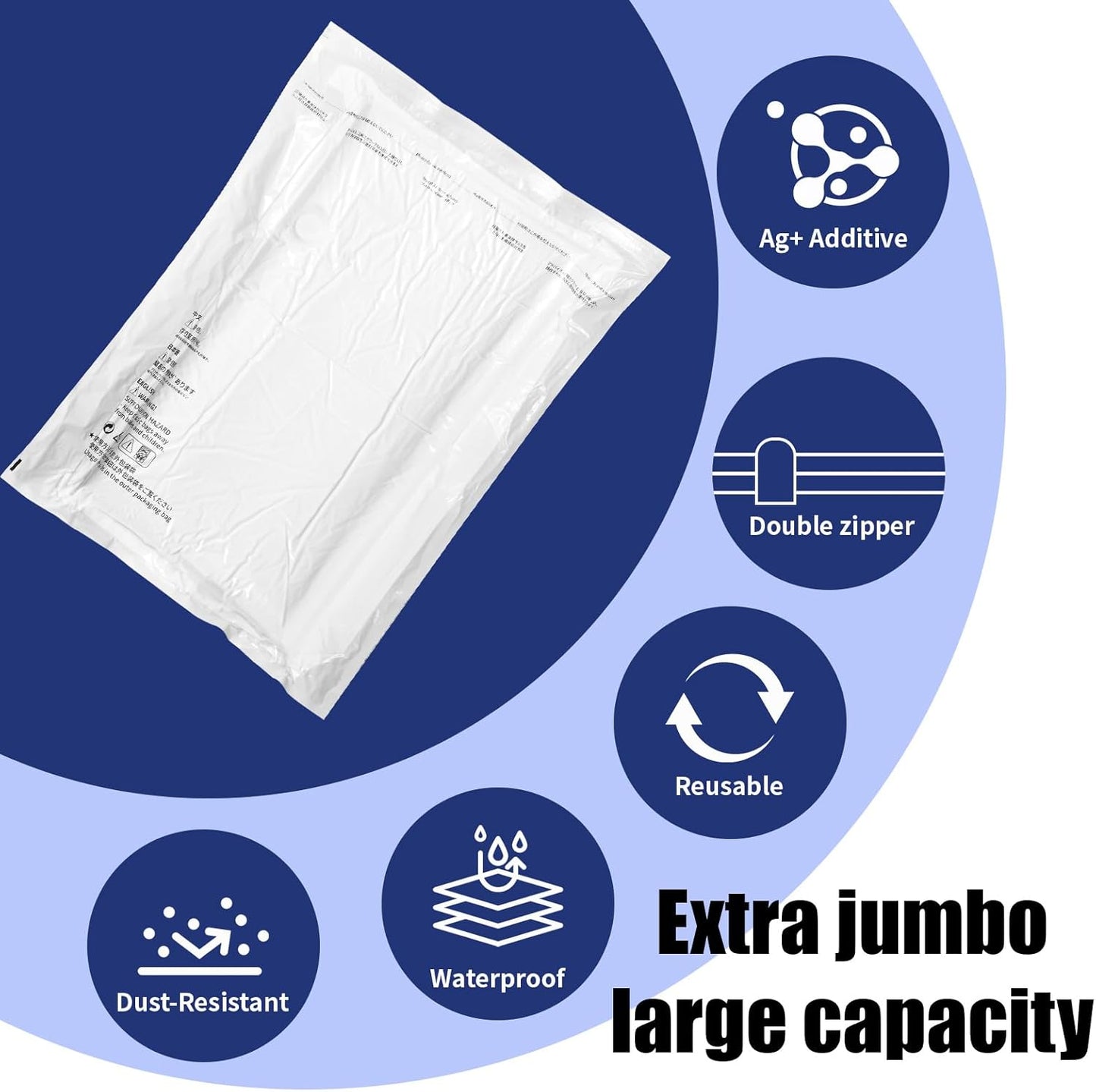 10 Pack Jumbo Vacuum Storage Bags with Hand Pump, Sturdy Leak-Free Vacuum Seal Bags, 80% Space Saver Vacuum Seal Bags for Clothing, Pillows, Bedding, Blankets, Comforters, Travel Luggage - Jumbo