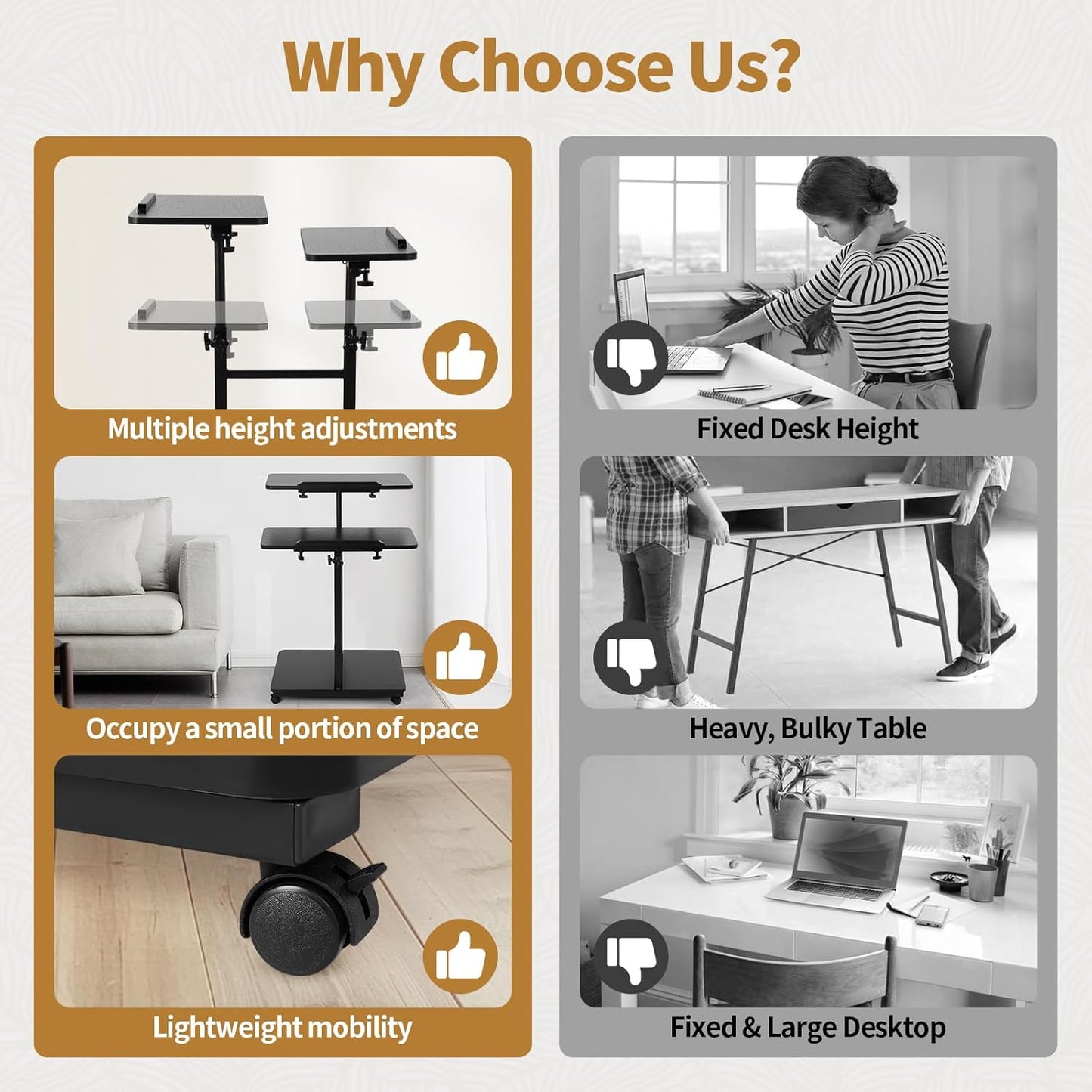 Rolling Desk for Laptop - Standing or Sitting Mobile Computer Cart with Wheels, Adjustable Height & Angle 23.6-inch Surface - Portable Home Office Workstation - Black