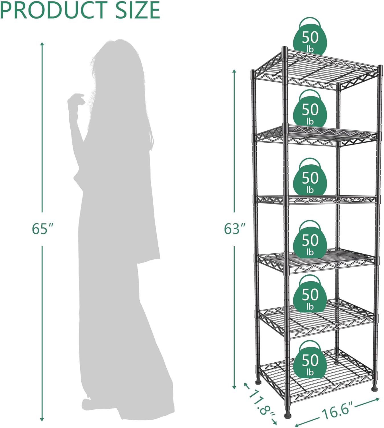 GIOTORENT 6-Tier Storage Shelves Standing Shelving Metal Units, Adjustable Height Wire Shelf Display Rack for Pantry Laundry Bathroom Kitchen 16.6” x 11.8” x 63”, Black