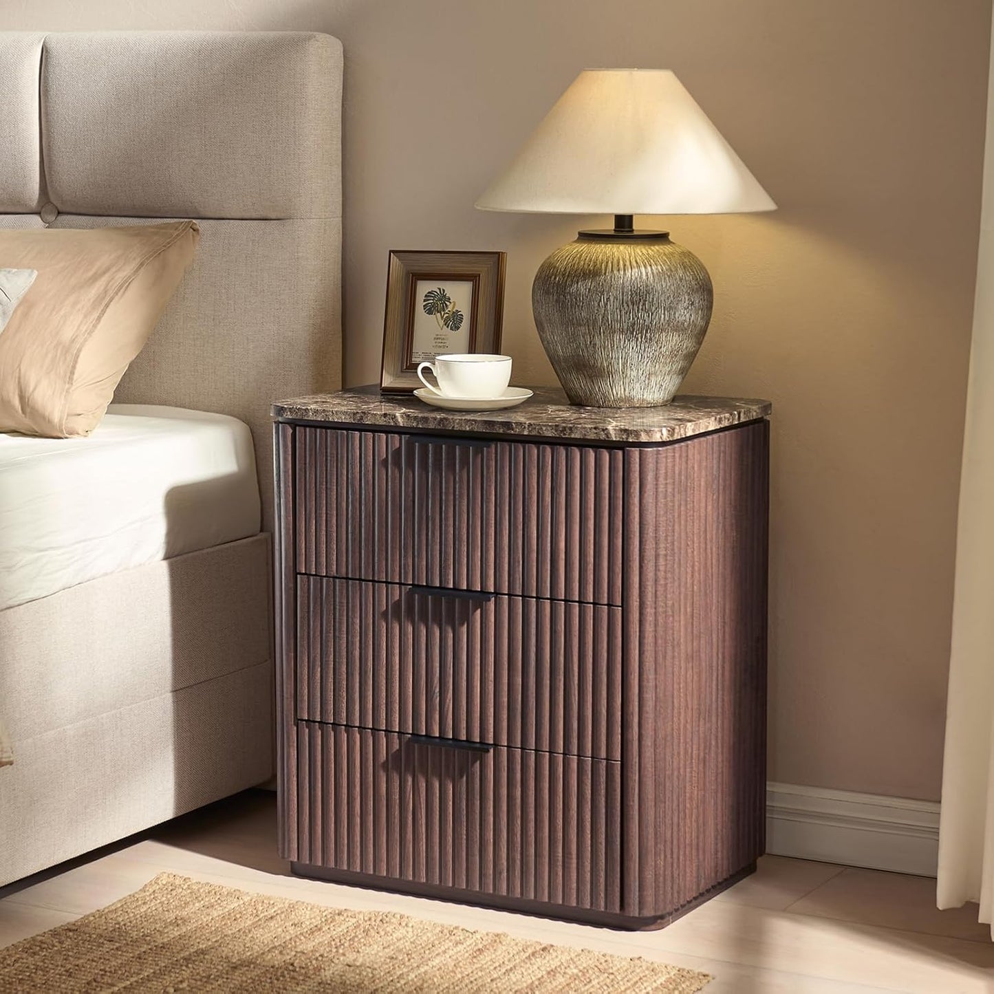 Fluted Nightstand with 3 Drawers, Engineered Wood Bedside Table with Faux Marble-Top, Modern End Table with Curved Corners, Metal Handle, Large Night Stand for Bedroom, Office, Closet, Dark Oak