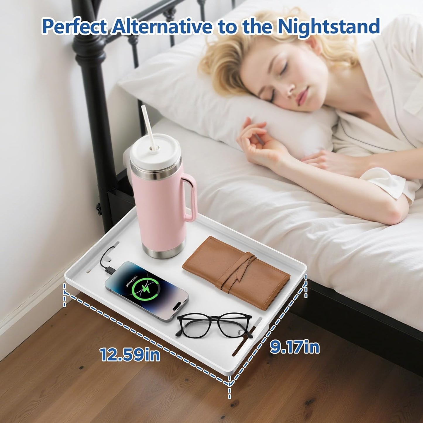 Bedside Shelf for Dorm Bunk Bed, Clip On Nightstand, Bed Side Table Tray Organizer, College Dorm Room Essentials for Girls/Guys, with Cable Management for Dormitory, Back to School (White)