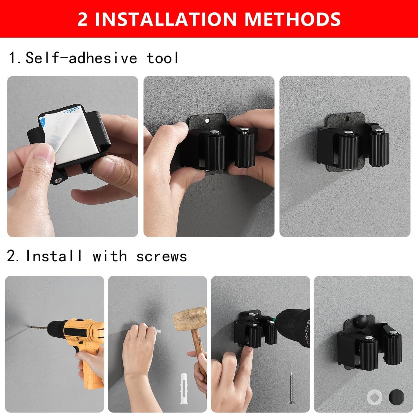 Broom Holder Wall Mount 25 Pack Broom and Mop Organizer Wall Hanging Clamp Clip Hanger Stainless Steel Gripper Mounted Utility Rack with Installation Screws Self Adhesive for Shovel Handle Black