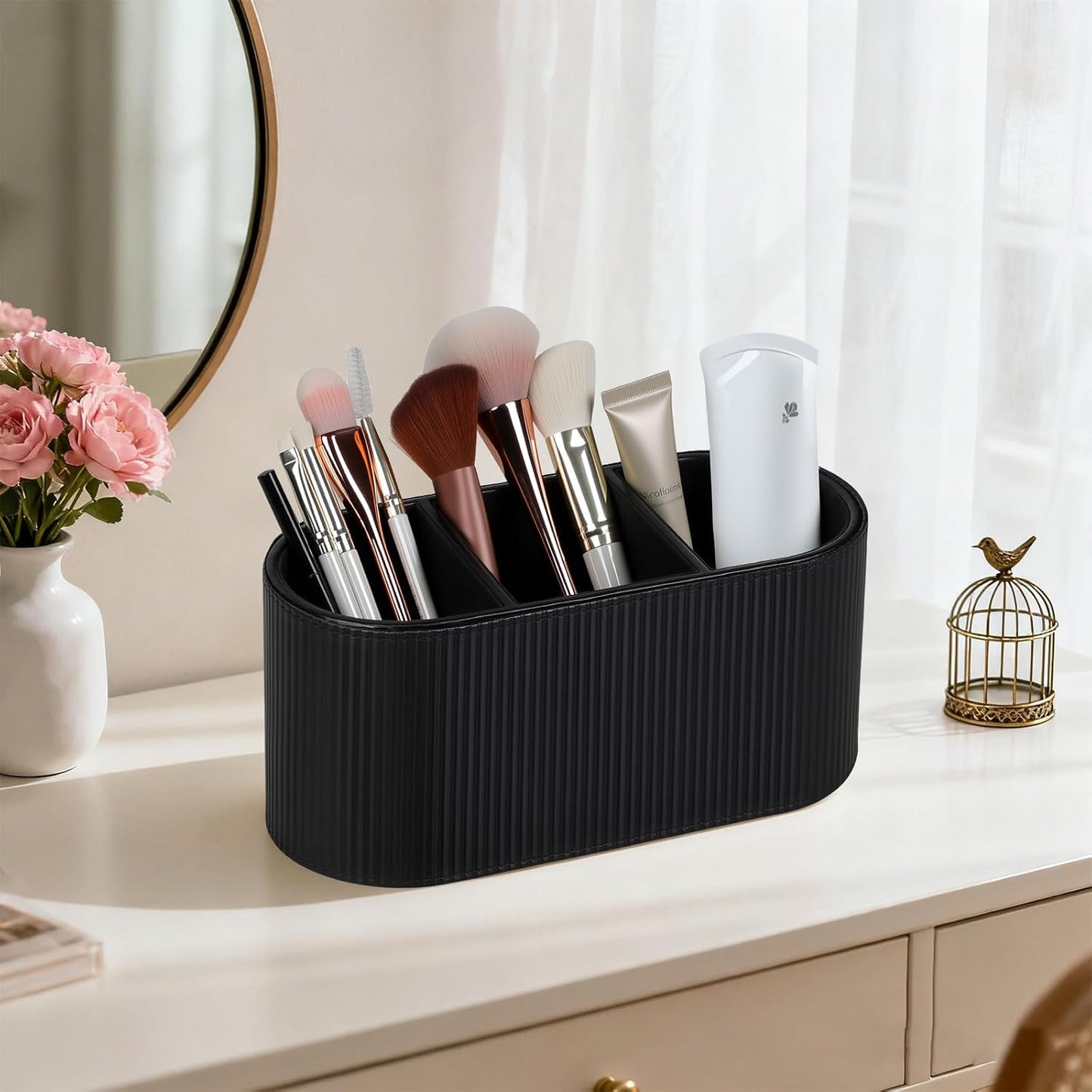 Aesthetic Remote Control Holder, PU Leather Pen Holder for Desk with 3 Compartments for Home Office Supplies and Accessories, Stylish Bedside Remote Holder Nightstand Desktop Organizer (Black)