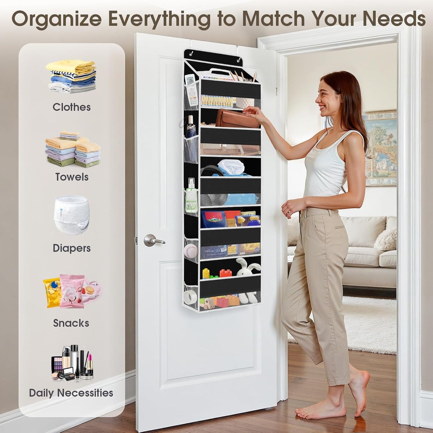 1 Pack Over The Door Organizer, Hanging Storage Organizer with Clear Window, 40lb Ultra Sturdy Large Capacity Room Organizer for Pantry Laundry Bathroom Nursery Closet (Black)