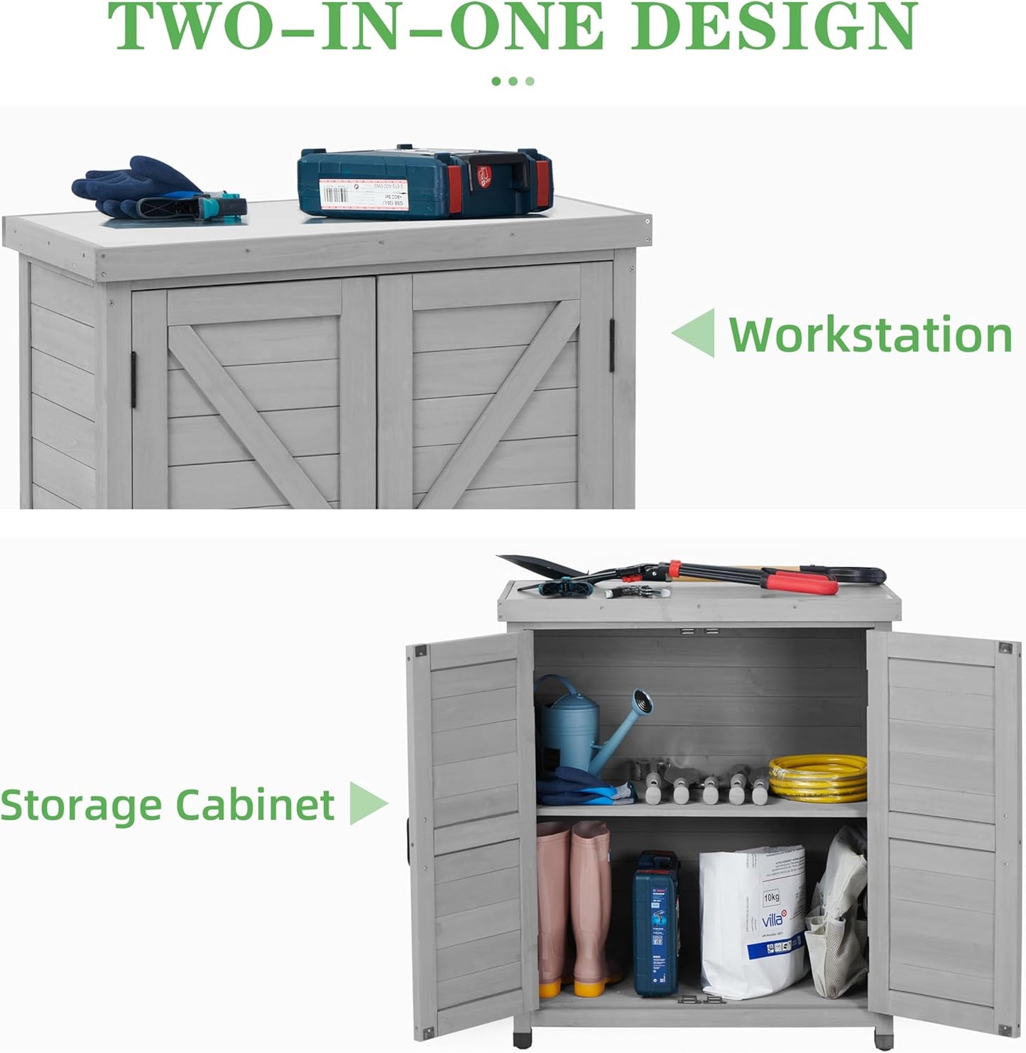 Outdoor Potting Bench with Storage Cabinet and Metal Top, Wood Workstation for Outdoor Patio, Garden (Dark Grey, 31x17x36‘’)