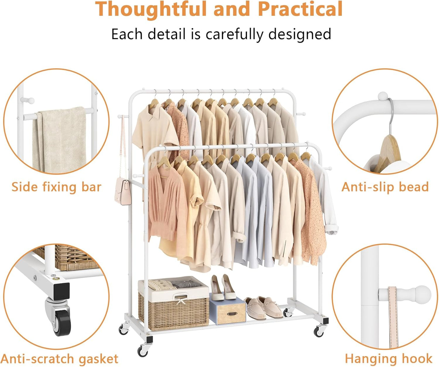 Laiensia Double Rods Garment Rack with Wheels, Clothing Rack for Hanging Clothes,4 Hooks, Multi-functional Bedroom Clothes Rack, White