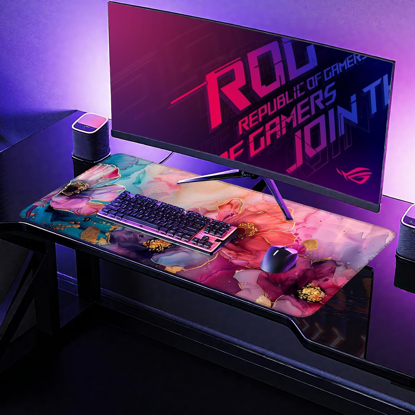 Large Mouse Pad, Floral Ink Desk Mat, Extended Gaming Mouse Pad with Non-Slip Rubber Base, Thick 3mm Smooth Surface Keyboard Mat for Office & Home,35.5 x 15.8 in