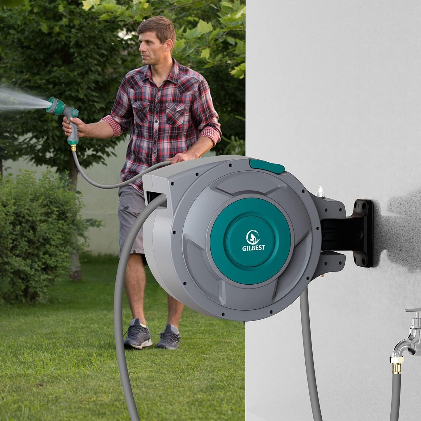 130 ft x 1/2" Retractable Garden Hose Reel, Heavy Duty Water Hose Reel Wall Mounted, Any Length Lock, 180°Swivel, Water Hose with 10-Function Nozzle for Cleaning, Watering (Green)