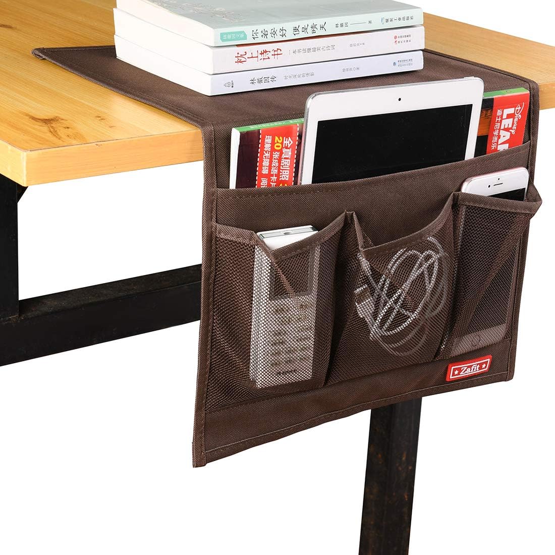 Bedside Storage Organizer - Table Cabinet Organizer Caddy for Remotes, Phone, Glasses (Classic 4 Pockets - Coffee)