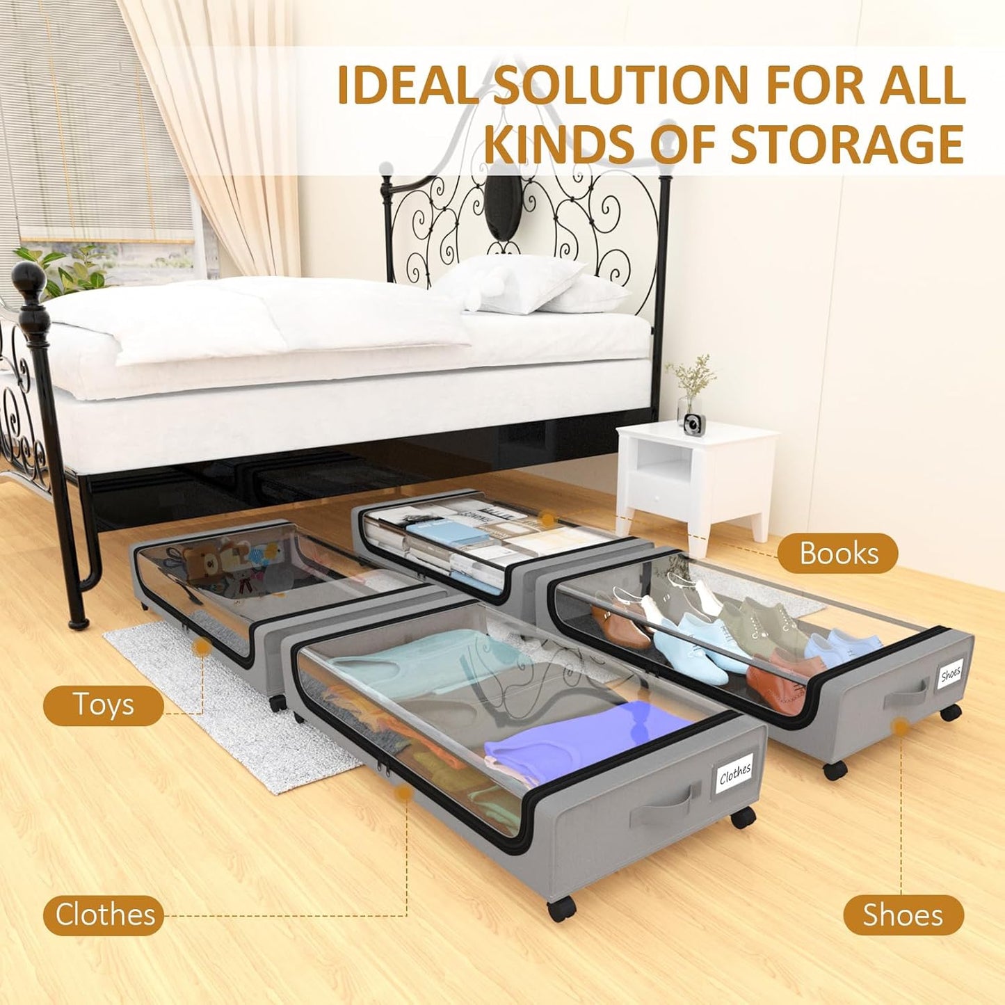 Large Under Bed Storage with Wheels, Under Bed Storage Containers, Under Bed Shoe Storage Organizer, Rolling Underbed Storage Containers for Bedroom Clothes Shoes Blankets, 2 Pack, Grey