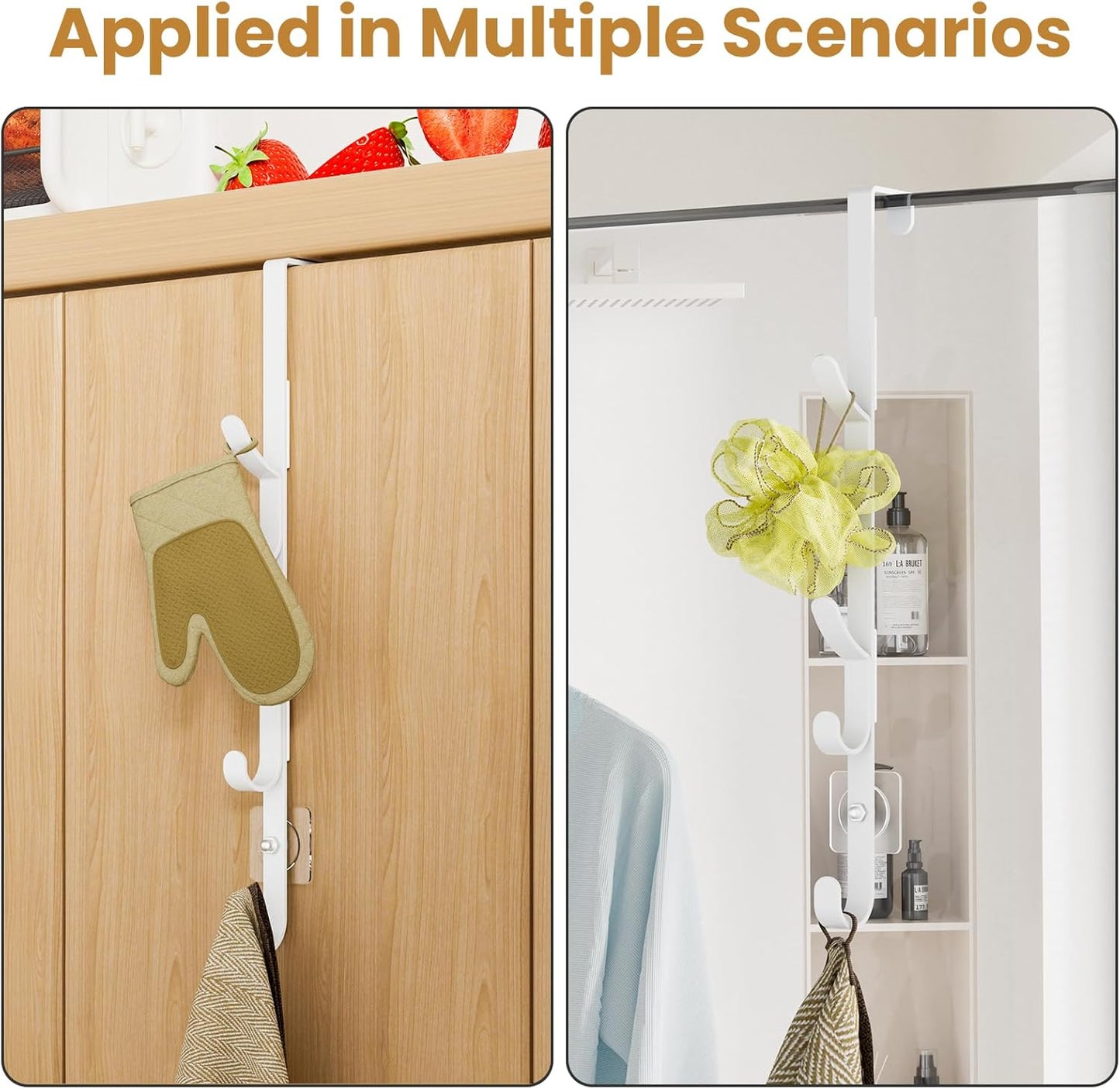 Over The Door Hooks, Metal Door Hooks for Hanging, Over The Door Purse Organizer for Coat Hanger, Back of Shower Door for Hanging Towel Rack Clothes, Hat, Bathroom, Closet (White-4Packs)