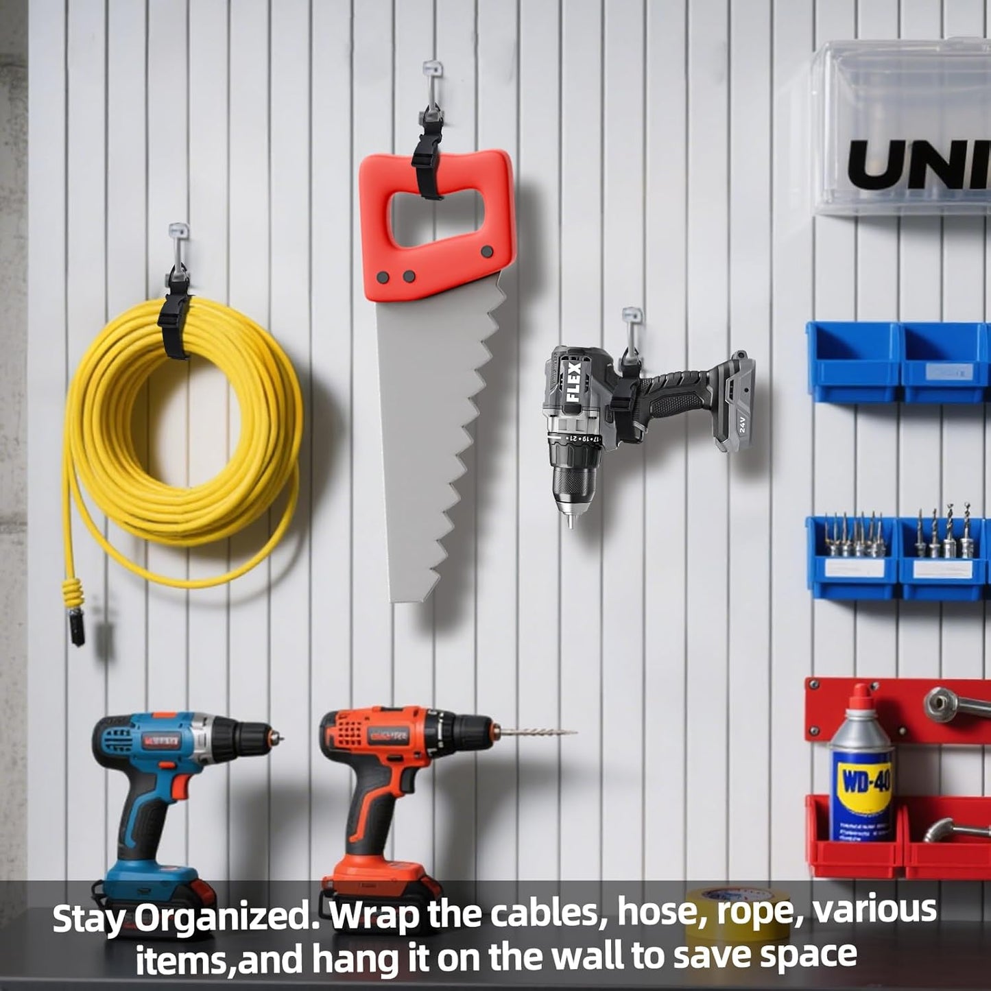17 Inch Extension Cord Holder Organizer with Triangle Clips for Garage Organization and Storage, Adjustable Heavy Duty Storage Straps for Men Workshop (9)