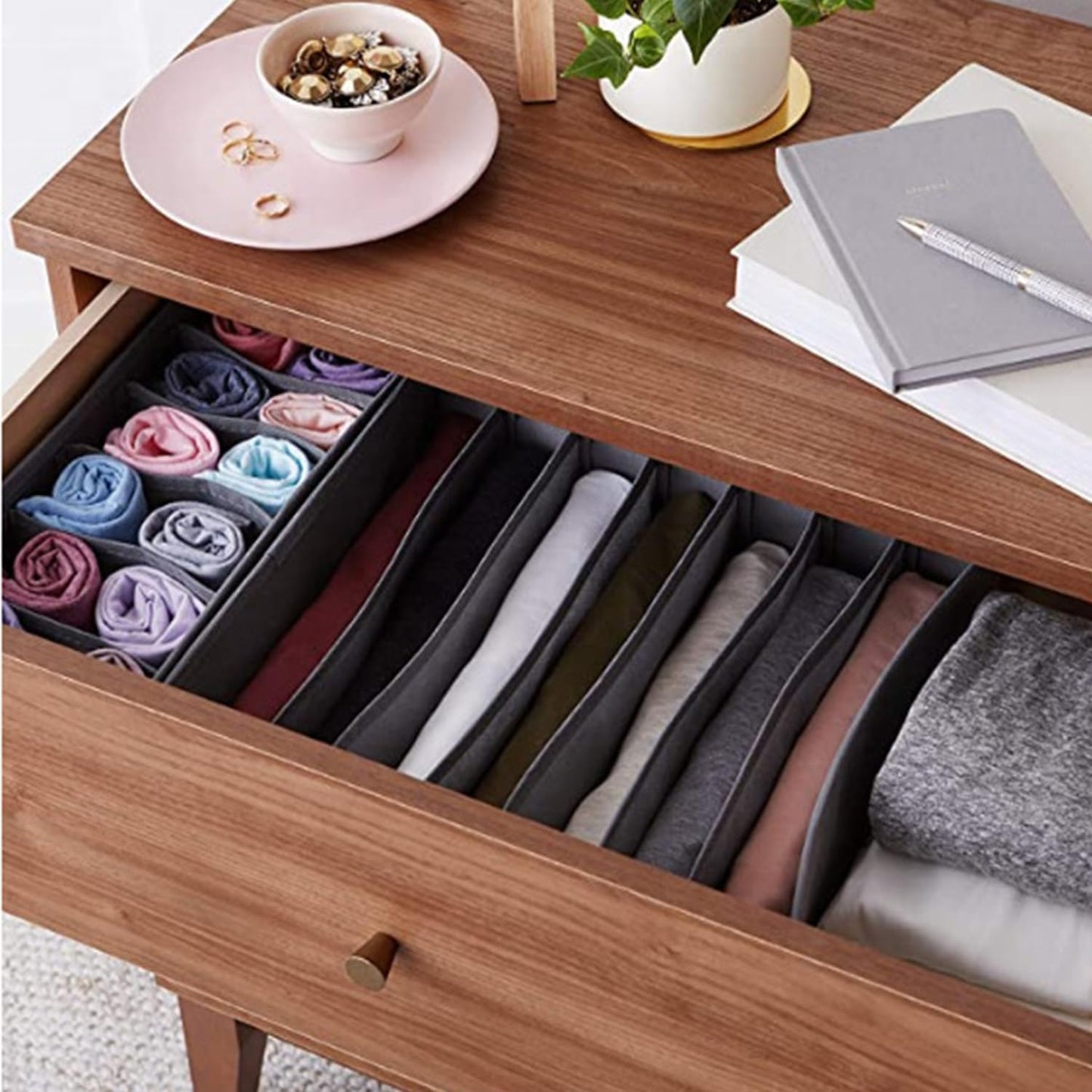 8 Pack Foldable Drawer Organizer - Light Gray Fabric Bins for Clothes, Underwear, Socks & More