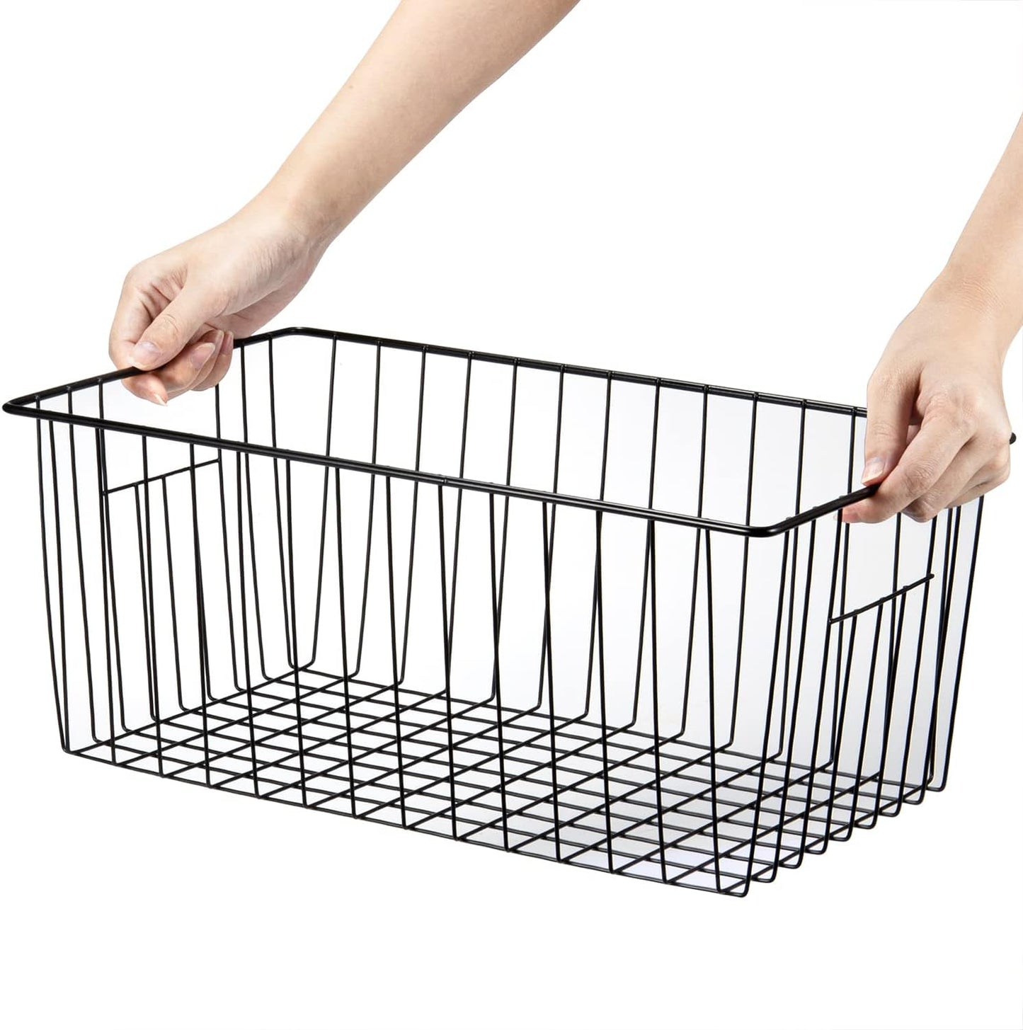 16" L x 12" W Wider Freezer Storage Organizer Baskets Container, Deep Metal Wire Chest Upright Refrigerator Divider Bins with Built-in Handles for Cabinet, Pantry, Kitchen, Black