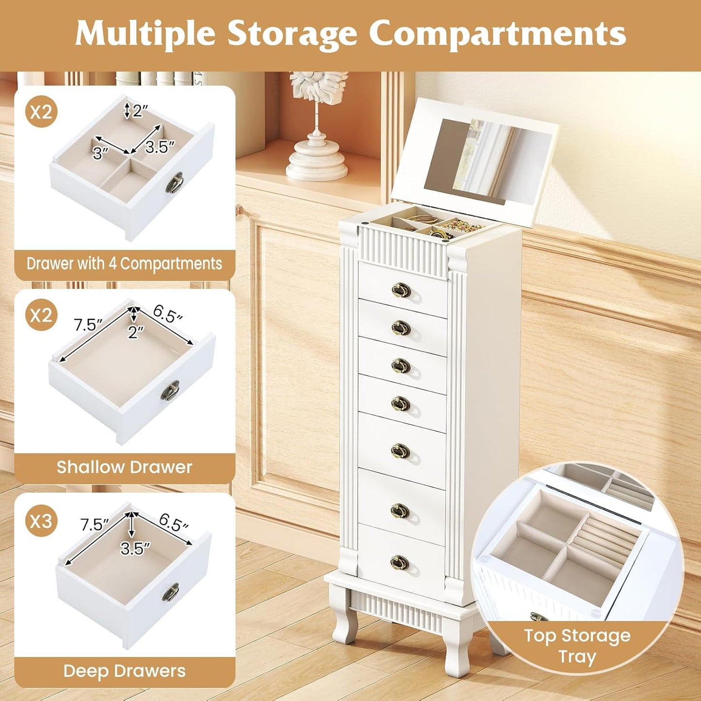 Giantex Standing Jewelry Cabinet with 7 Drawers, Flip-Top Mirror, 2 Side Doors with 12 Necklace Hooks, Divided Ring Compartments, Velvet-Lined Jewelry Armoire Organizer Chest (White)