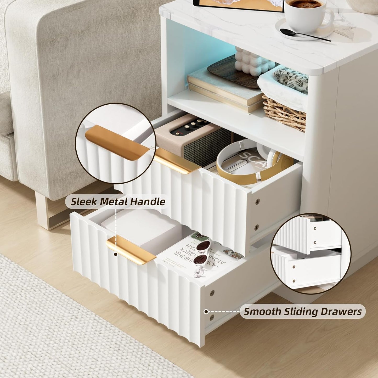 VOWNER Fluted Nightstand with Charging Station, 18” Night Stand with 2 Drawers, Faux Marble Top End Table with Storage Shelf, Curved Profile Side Table, Bedside Table for Bedroom Living Room, White