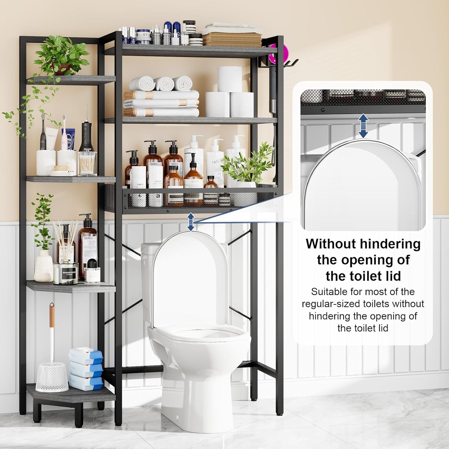 K1 Heavy Duty 7-Tier Over The Toilet Storage(with Basket and Paper Hook) Freestanding Above Toilet Shelf with Adjustable Feet,Space Saver Bathroom Shelves 9.3" D x 33.5" W x 63.8" H,Grey