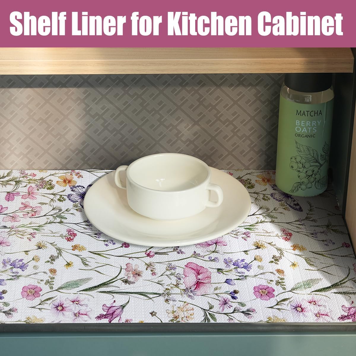 Drawer and Shelf Liner for Kitchen Cabinets,Non-Adhesive Drawer Liner,Non-Slip Floral Shelf Liners,Strong Grip Waterproof Easy to Clean Cabinet Liners for Drawers Cupboard Shelves 12IN×10FT