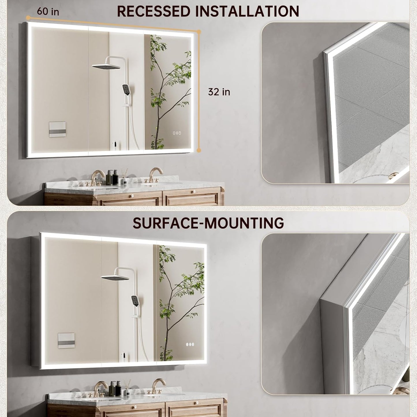 60"x32" Medicine Cabinet Mirror, LED Lighted Medicine Cabinet with Electrical Outlet&USB, Anti-Fog, 3 Colors Temperature Stepless Dimmable, Aluminum Cabinet for Storage and Mordern Decor