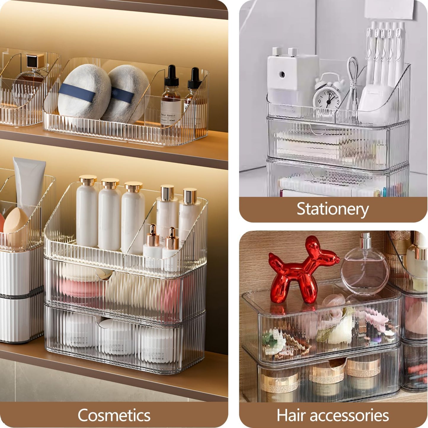 Medicine Cabinet Organizer 3 Tier, Stackable Bathroom Mirror Cabinet Storage,Small Makeup Organizers with 2 Drawer and 1 Tray for Wall Cabinet, Closet, Vanity, Countertop, Clear