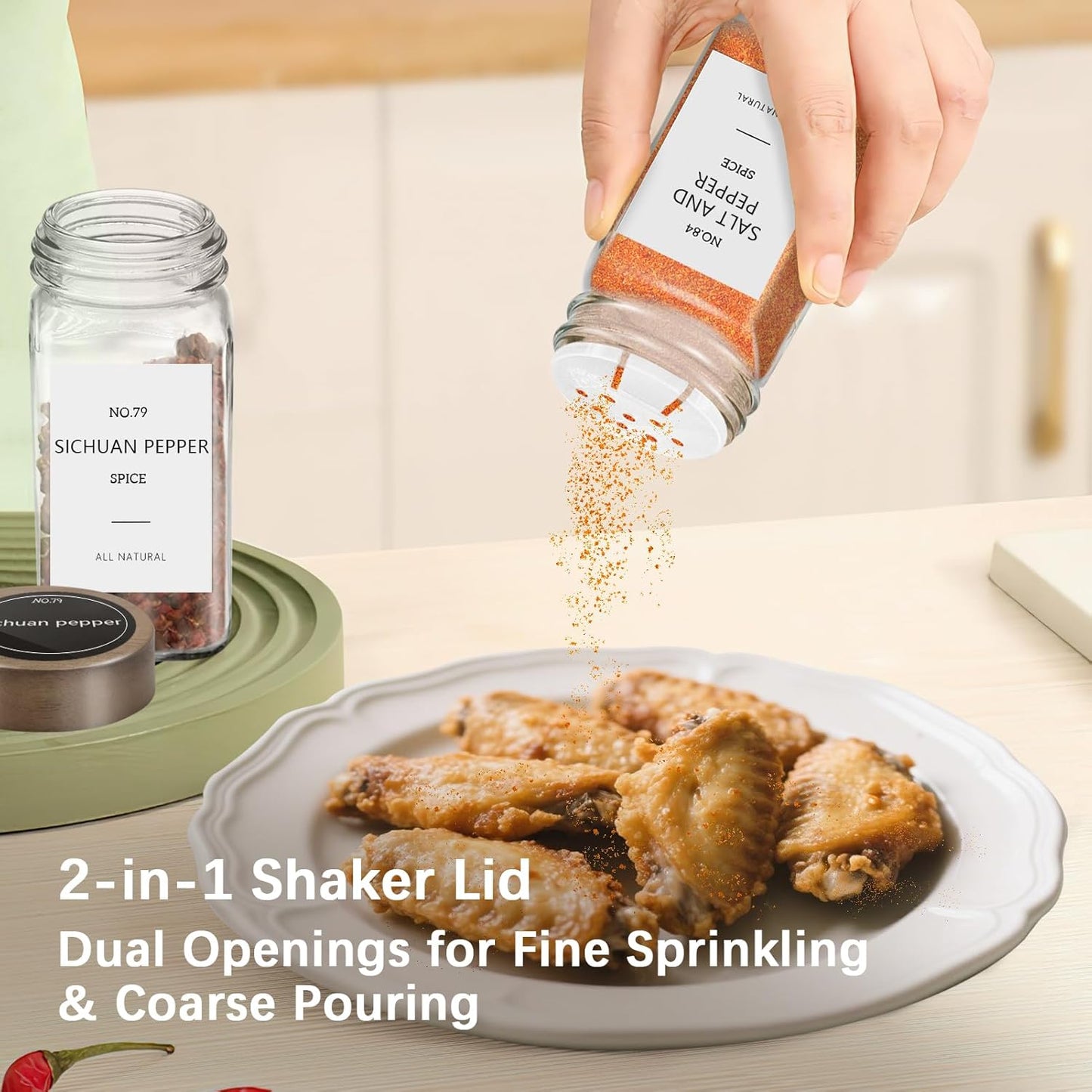 ZEHIQ 12Pcs Glass Spice Jars with Acacia Wood Lids, 4 oz Square Seasoning Containers with Labels, Seasoning Jars with Shaker Lids, Chalk Pen, Funnel, Cleaning Brush, Spice Bottles for Cabinet, Drawer