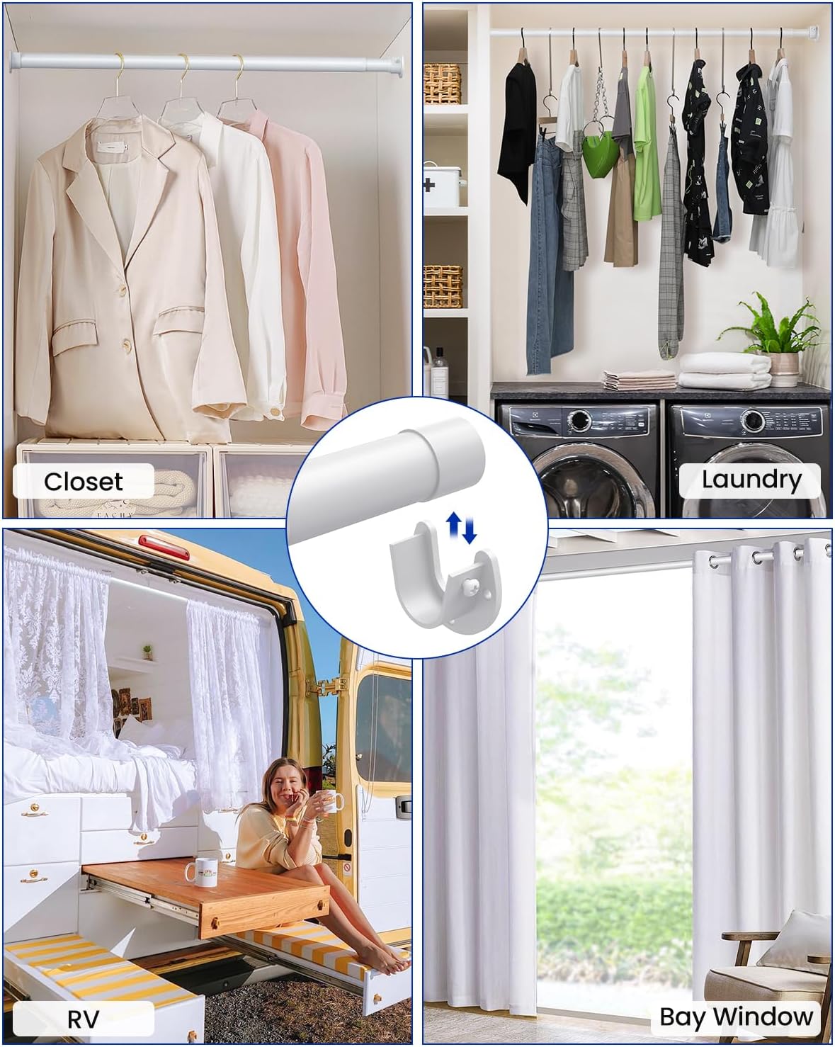 Closet Rods for Hanging Clothes, 17 to 54 Inches Stepless Adjustable Metal Closet Rod, 1.3 Inches Heavy Duty Clothes Hanging Rod for Closet Wardrobes Laundry RV, White