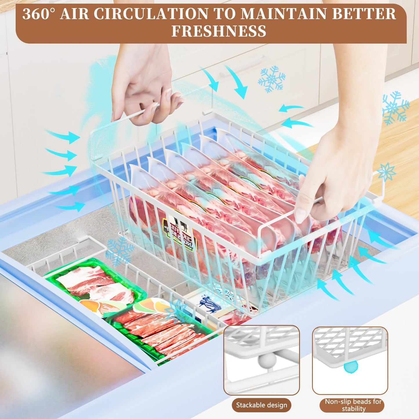 Freezer Organizer Bins ,Enhanced Leak-Proof Bottom,4 Pack Stackable Deep Freezer Organizer Bins for 5 Cu.FT Small Chest Freezer,Easy Get Bottom Foods without Digging (for 5 Cu.Ft