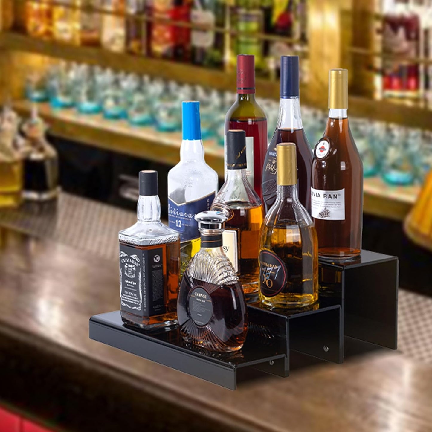 2 Pack Tiers Bar Shelves for Liquor Bottles, 15" Clear Acrylic Risers Display Racks Stands for Figures Pops Cupcake Perfume Collections (Black)