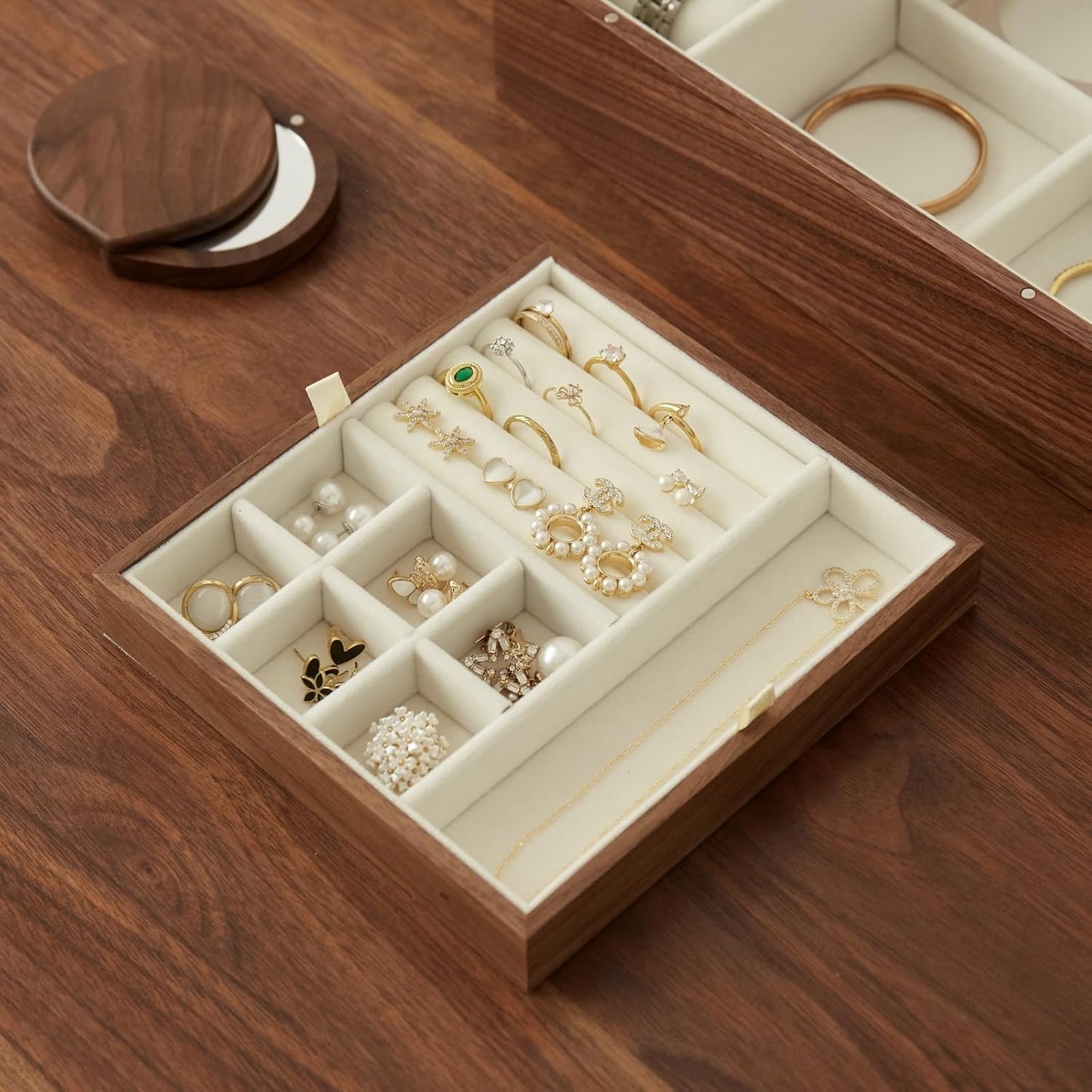 Black Walnut Wood Jewelry Box With Velvet Lining,Personalized Ring and Necklace Box for Women and Girls,Brass Handle (No lock)