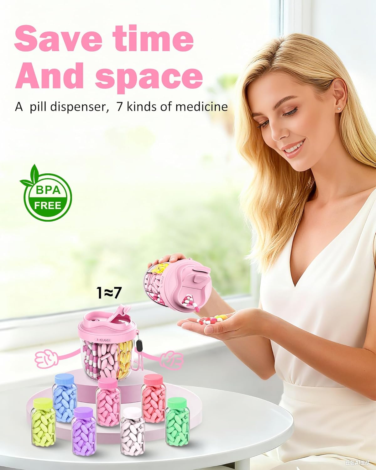 Cute Pill Organizer,Pill Dispenser with 7 Large Compartments,Portable Pill Bottle Box with Wide Opening for Easy Use, Anti-Mix Pills Organizer for Travel,Includes 20 Pcs Sticky Labels(Pink)