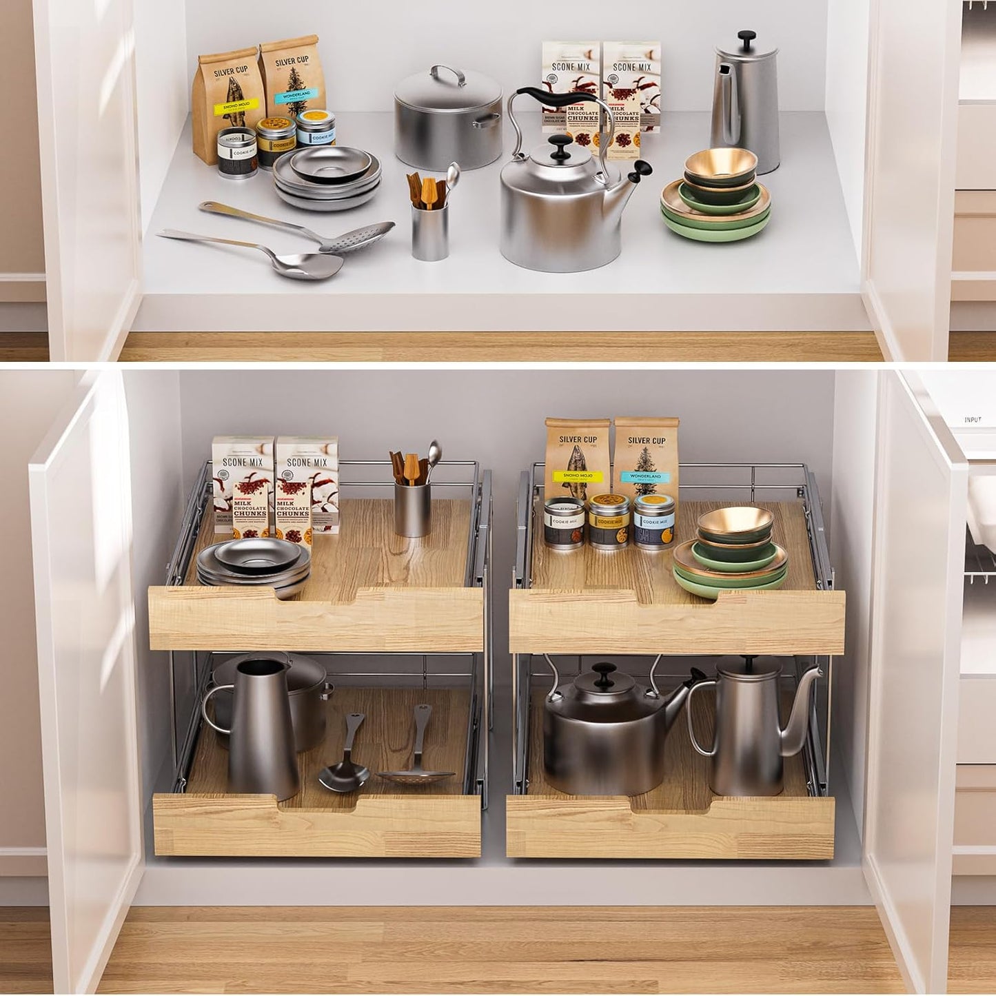Pull Out Cabinet Organizer,Heavy-Duty Slide Out Shelf, Wood and Wire Basket, Pull Out Drawer for for Kitchen Under Sink Space, Pantry, Bathroom, 2 Tie 26 * 21 in