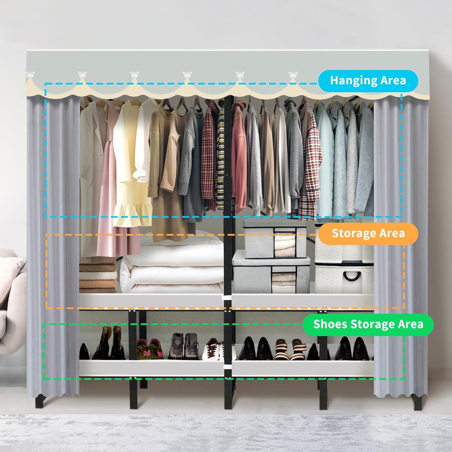 Portable Closet Rack Heavy-Duty Foldable Garment Racks with Cover 1200lbs Enclosed Wardrobe Closet with Independent Area for Hanging Clothes Storaging of Bedding (75in*20in*67in)