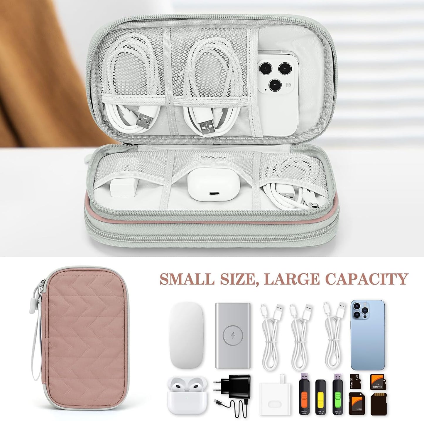 FYY Travel Cable Organizer Bag Pouch Electronic Accessories Carry Case Portable Waterproof Double Layers All-in-One Storage for Cable, Cord, Charger, Phone,-Pattern Pink(M)