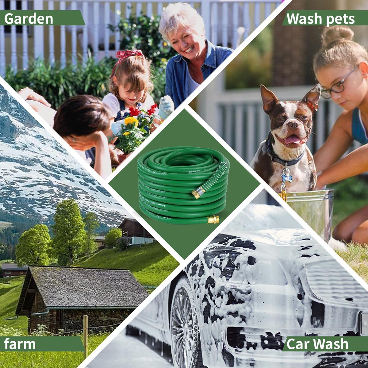 25FT 5/8 Heavy Duty Rubber Garden Hose - 200psi Working, 1000psi Burst - Hot/Cold Water - Five-Layered Braiding for Durability - Versatile for Gardening, Agriculture, Construction(Green)