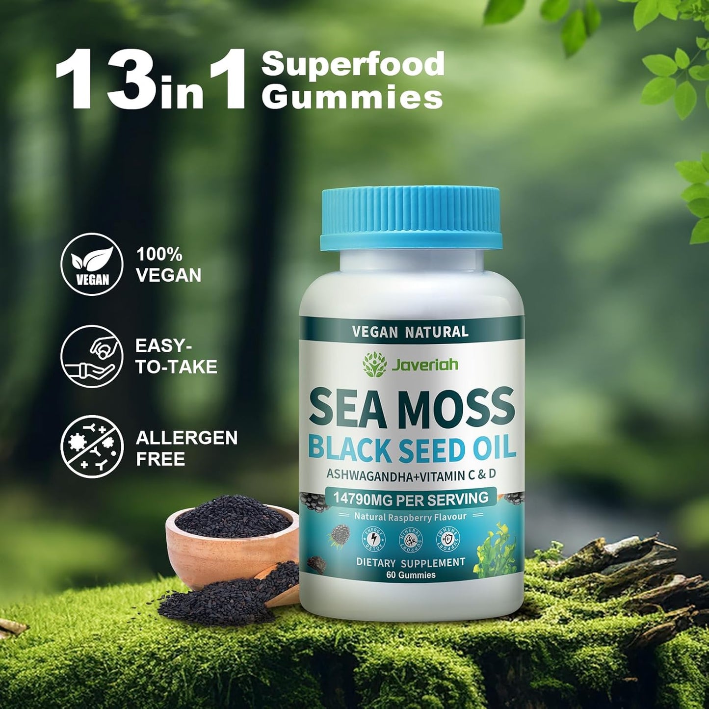 Vegan Ashwagandha Sea Moss Gummies - Black Seed Oil, Vitamin C&D for Immune Support, Digestive, Antioxidant 13 in 1 Bundle, Sea Moss Chlorophyll Advanced Strength Formula 60 Gummies
