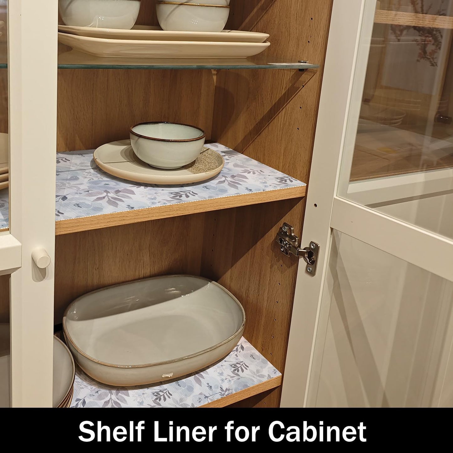 Blue Floral Shelf and Drawer Liner for Kitchen,12IN x 20FT Non-Adhesive and Strong Non-Slip Peony Cabinet Drawer Liners for Kitchen Shelf, Waterproof Cupboard Liners,Easy to Clean