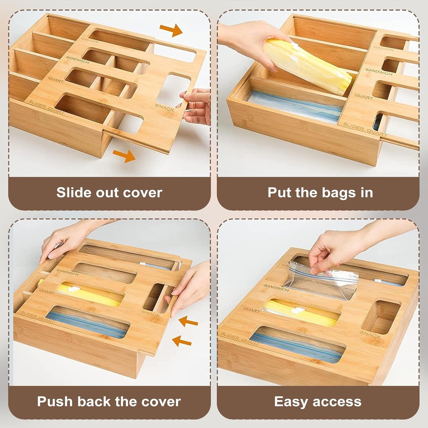 Plastic Bag Organizer for Drawer, Bamboo Food Storage Bags Container, Practical Accessories for Kitchen Organization, Compatible Gallon, Quart, Sandwich Snack, Natural (1 Box 5 Slots)