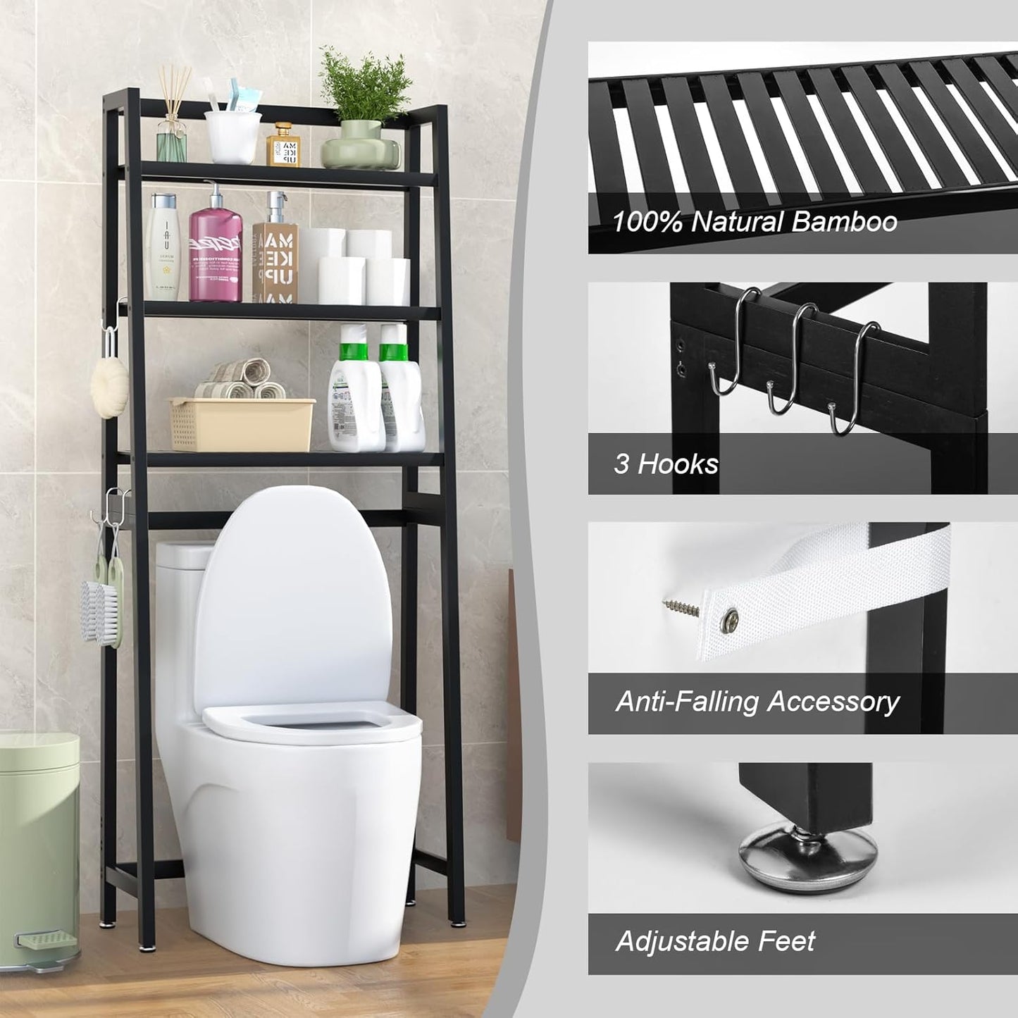 VASMIA Over The Toilet Storage,Bamboo 3-Tier Bathroom Organizer Over Toilet Storage Cabinet,Freestanding Space Saver with 3 Hooks Black