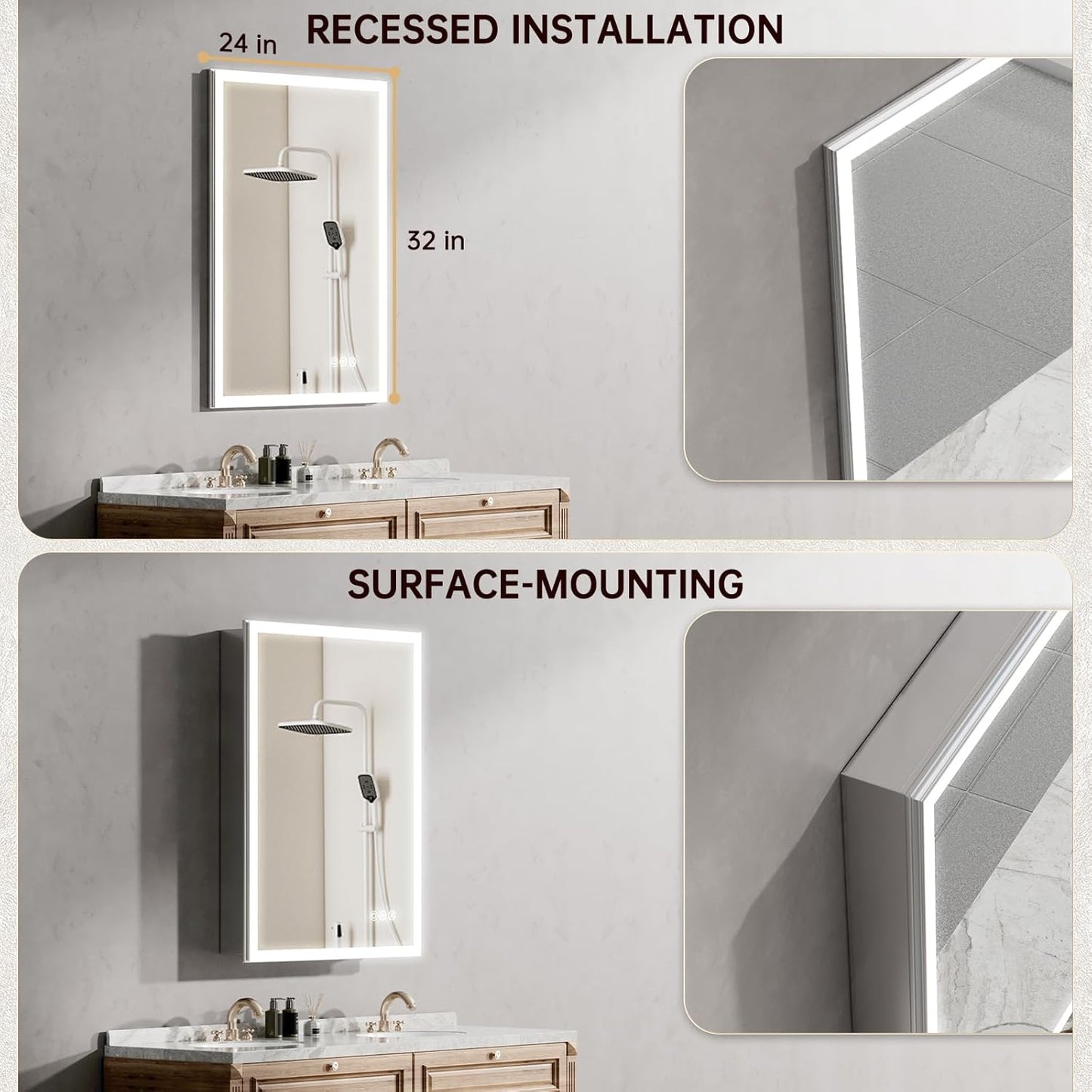 24"x32" Medicine Cabinet Mirror, LED Lighted Medicine Cabinet with Electrical Outlet&USB, Anti-Fog, 3 Colors Temperature Stepless Dimmable, Aluminum Cabinet for Storage and Mordern Decor