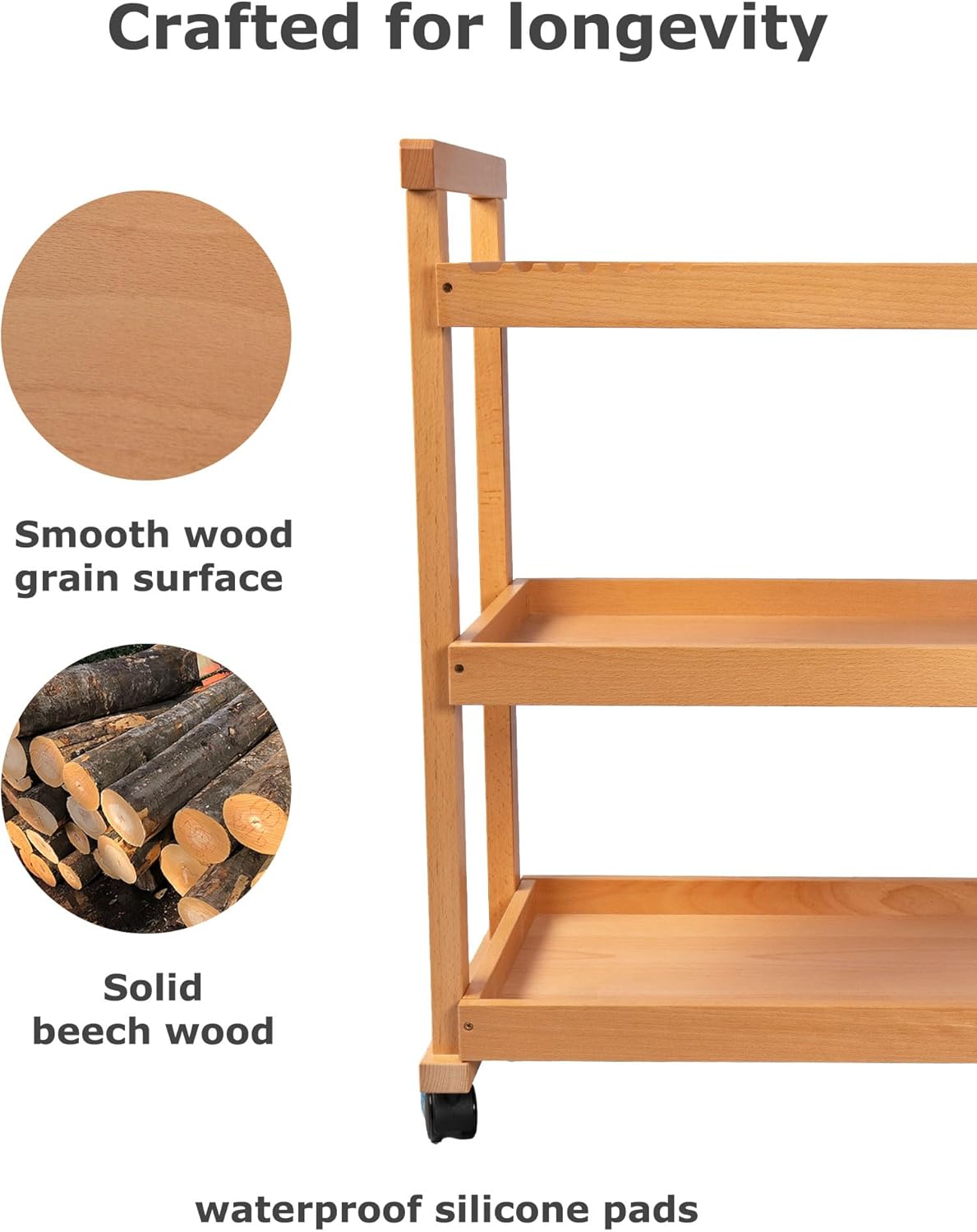 DJAR Rolling Art Supplies Cart, Solid Beech Wood Art Supply Organizert with Caster Wheels, Utility Cart for Adults, Artists, (Natural, Basic)