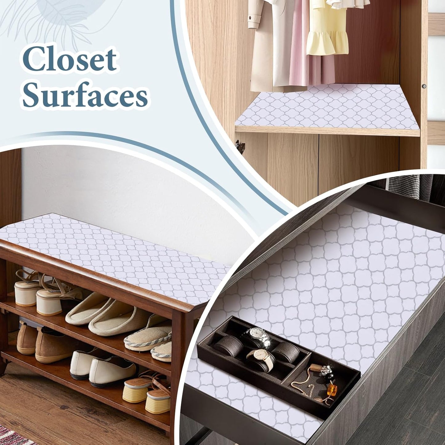 Shelf Drawer Liners for Kitchen Cabinets Non Adhesive Drawer Liner Thickened Refrigerator Liner Silver Quatrefoil Strong Non-Slip Paper for Tool Box with Knife and Tape Measure,23.6 x 236.2 Inches