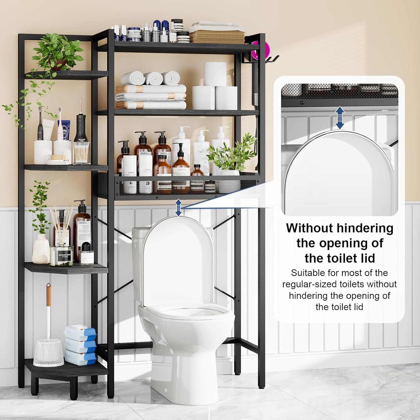 K1 Heavy Duty 7-Tier Over The Toilet Storage(with Basket and Paper Hook) Freestanding Above Toilet Shelf with Adjustable Feet,Space Saver Bathroom Shelves 9.3" D x 33.5" W x 63.8" H,Black